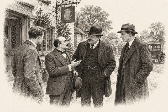 An engraving-style sketch for The Mysterious Affair at Styles, CHAPTER VII. POIROT PAYS HIS DEBTS.