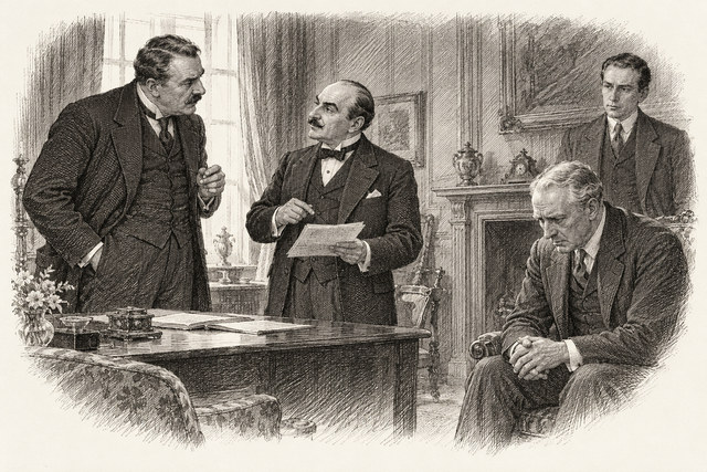 An engraving-style sketch for The Mysterious Affair at Styles, CHAPTER VIII. FRESH SUSPICIONS.