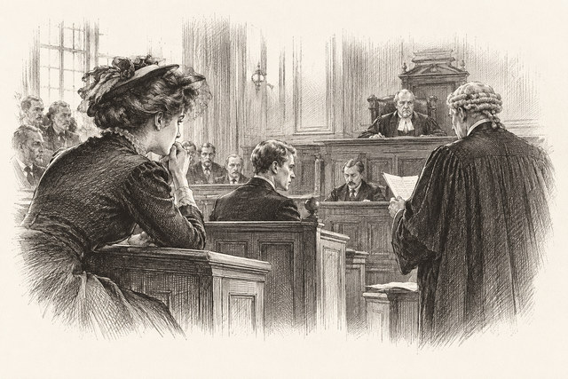 An engraving-style sketch for The Mysterious Affair at Styles, CHAPTER XI. THE CASE FOR THE PROSECUTION.