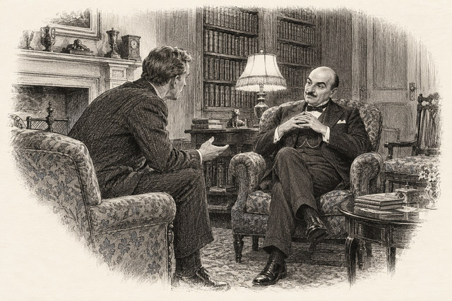 An engraving-style sketch for The Mysterious Affair at Styles, CHAPTER XIII. POIROT EXPLAINS.