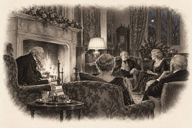 An engraving-style sketch for The Mysterious Mr. Quin, The Coming of Mr. Quin.