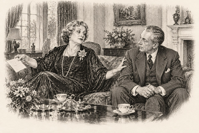 An engraving-style sketch for The Mysterious Mr. Quin, The Shadow on the Glass.