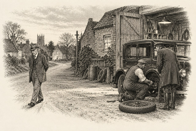 An engraving-style sketch for The Mysterious Mr. Quin, At the Bells and Motley.