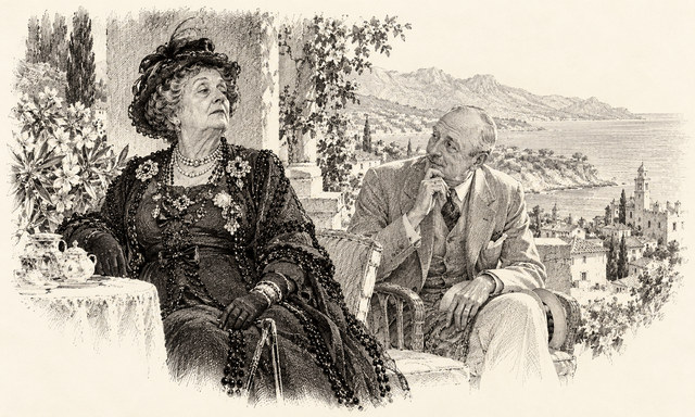 An engraving-style sketch for The Mysterious Mr. Quin, The World's End.