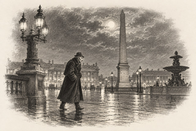 An engraving-style sketch for The Mystery of the Blue Train, 1. The Man with the White Hair.