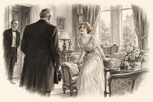 An engraving-style sketch for The Mystery of the Blue Train, 4. In Curzon Street.