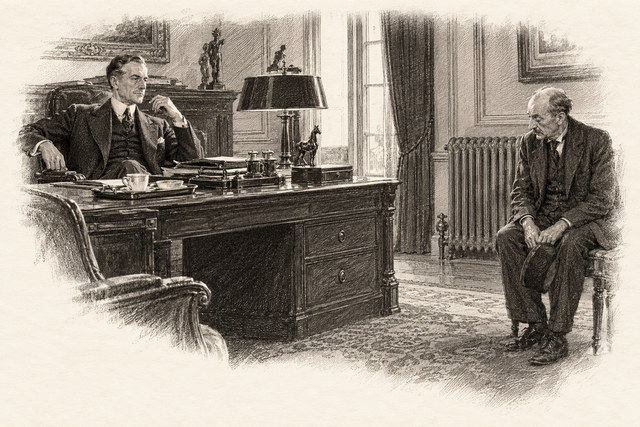An engraving-style sketch for The Mystery of the Blue Train, 5. A Useful Gentleman.