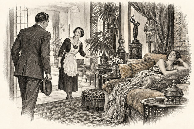 An engraving-style sketch for The Mystery of the Blue Train, 6. Mirelle.