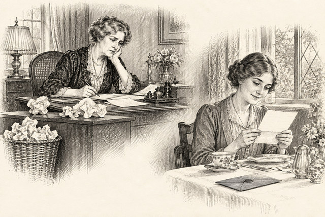 An engraving-style sketch for The Mystery of the Blue Train, 7. Letters.