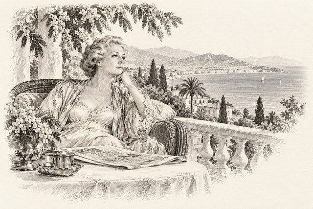 An engraving-style sketch for The Mystery of the Blue Train, 8. Lady Tamplin Writes a Letter.