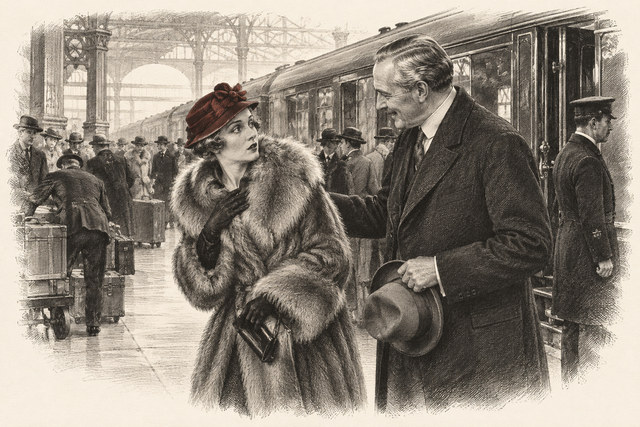 An engraving-style sketch for The Mystery of the Blue Train, 10. On the Blue Train.