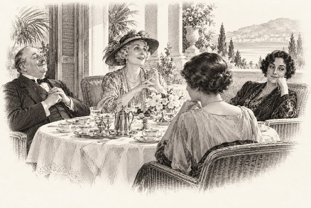 An engraving-style sketch for The Mystery of the Blue Train, 12. At the Villa Marguerite.