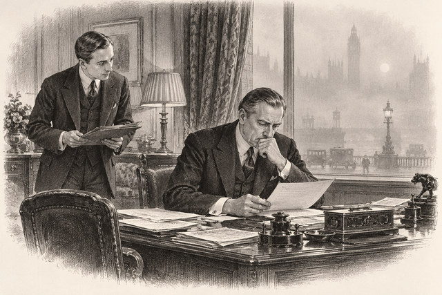 An engraving-style sketch for The Mystery of the Blue Train, 13. Van Aldin Gets a Telegram.
