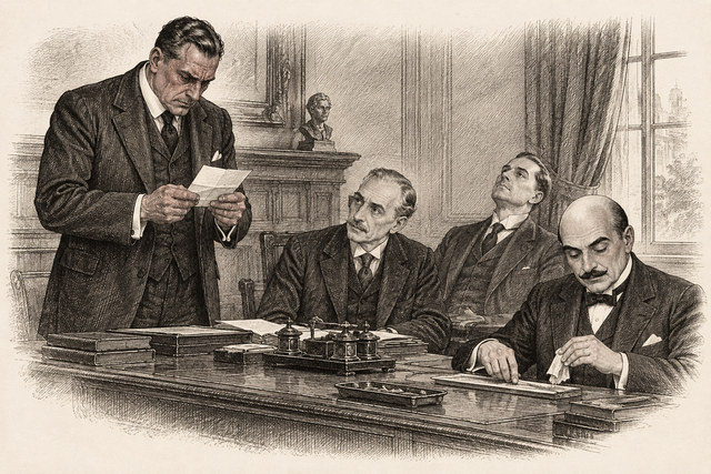 An engraving-style sketch for The Mystery of the Blue Train, 15. The Comte de la Roche.