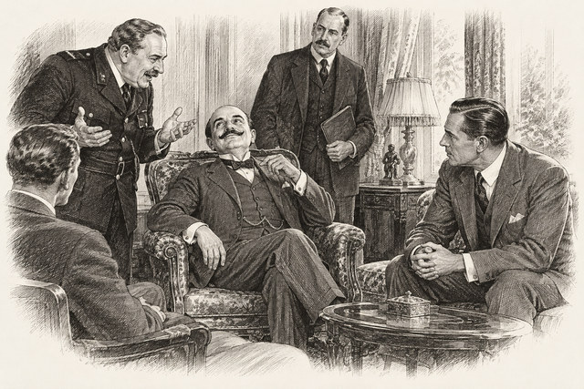 An engraving-style sketch for The Mystery of the Blue Train, 16. Poirot Discusses the Case.