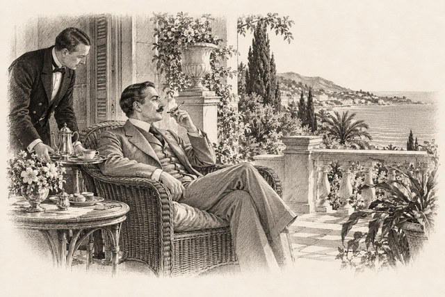 An engraving-style sketch for The Mystery of the Blue Train, 19. An Unexpected Visitor.