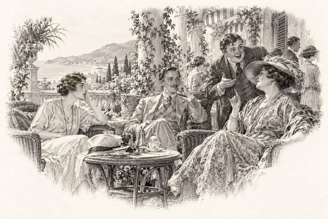 An engraving-style sketch for The Mystery of the Blue Train, 20. Katherine Makes a Friend.