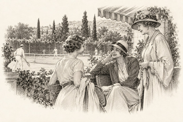 An engraving-style sketch for The Mystery of the Blue Train, 21. At the Tennis.