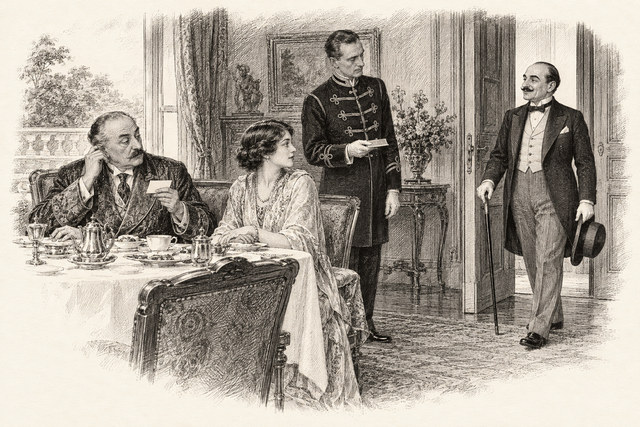 An engraving-style sketch for The Mystery of the Blue Train, 22. M. Papopolous Breakfasts.