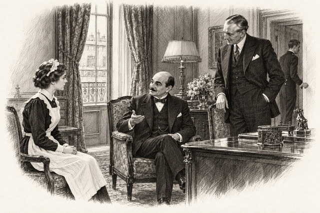 An engraving-style sketch for The Mystery of the Blue Train, 23. A New Theory.