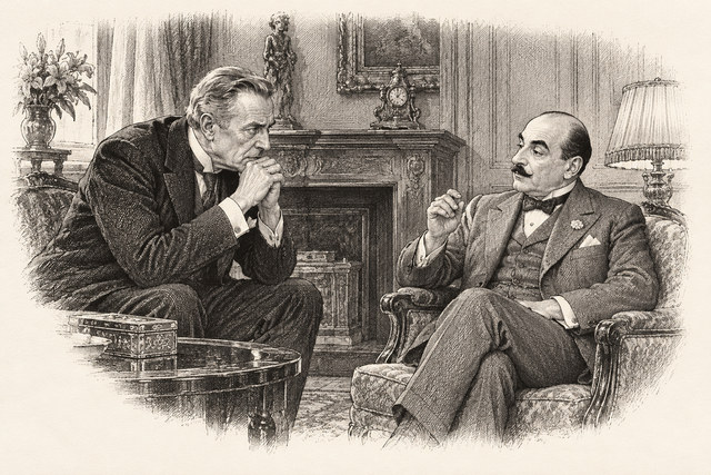 An engraving-style sketch for The Mystery of the Blue Train, 24. Poirot Gives Advice.