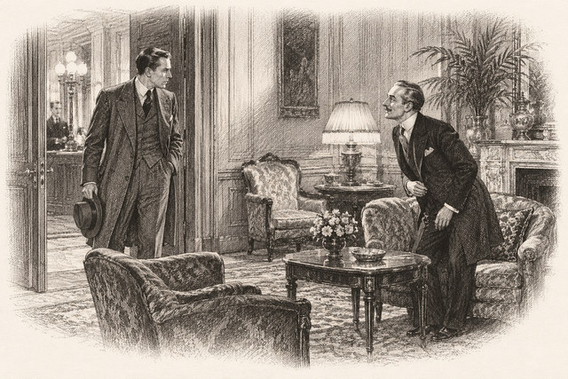 An engraving-style sketch for The Mystery of the Blue Train, 25. Defiance.