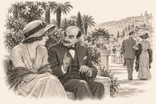 An engraving-style sketch for The Mystery of the Blue Train, 26. A Warning.