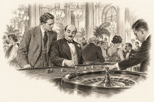 An engraving-style sketch for The Mystery of the Blue Train, 27. Interview with Mirelle.