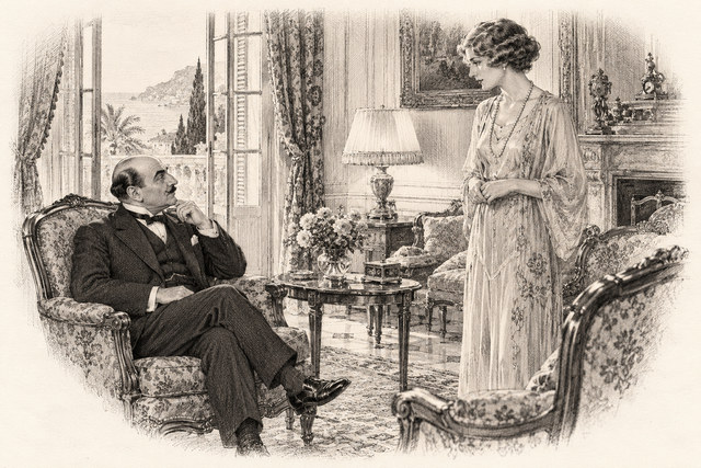 An engraving-style sketch for The Mystery of the Blue Train, 28. Poirot Plays the Squirrel.