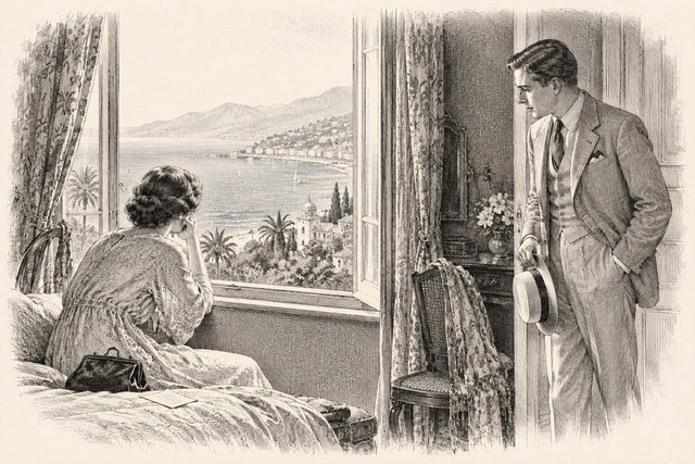 An engraving-style sketch for The Mystery of the Blue Train, 29. A Letter From Home.
