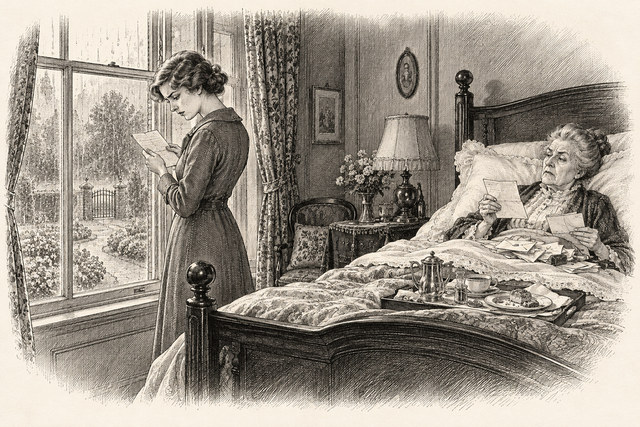 An engraving-style sketch for The Mystery of the Blue Train, 30. Miss Viner Gives Judgment.
