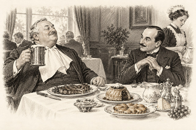An engraving-style sketch for The Mystery of the Blue Train, 31. Mr. Aarons Lunches.