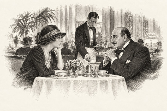 An engraving-style sketch for The Mystery of the Blue Train, 32. Katherine and Poirot Compare Notes.