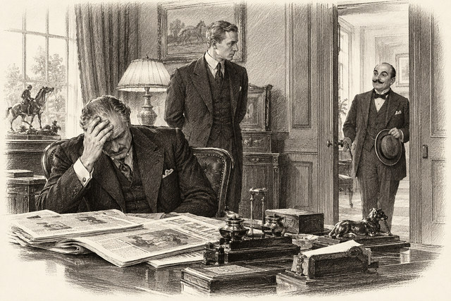 An engraving-style sketch for The Mystery of the Blue Train, 33. A New Theory.