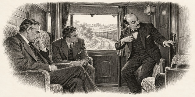 An engraving-style sketch for The Mystery of the Blue Train, 34. The Blue Train Again.
