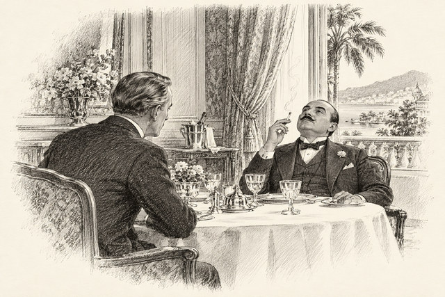 An engraving-style sketch for The Mystery of the Blue Train, 35. Explanations.
