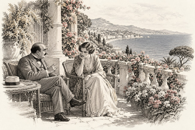 An engraving-style sketch for The Mystery of the Blue Train, 36. By the Sea.