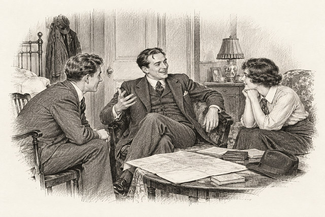 An engraving-style sketch for The Secret Adversary, CHAPTER VI. A PLAN OF CAMPAIGN.