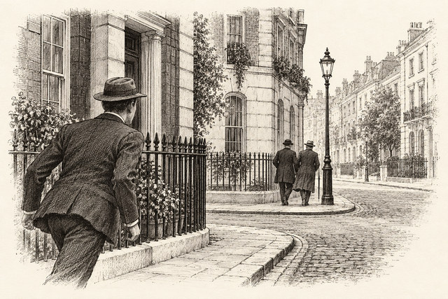 An engraving-style sketch for The Secret Adversary, CHAPTER VII. THE HOUSE IN SOHO.
