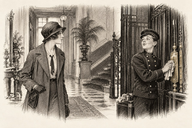 An engraving-style sketch for The Secret Adversary, CHAPTER IX. TUPPENCE ENTERS DOMESTIC SERVICE.