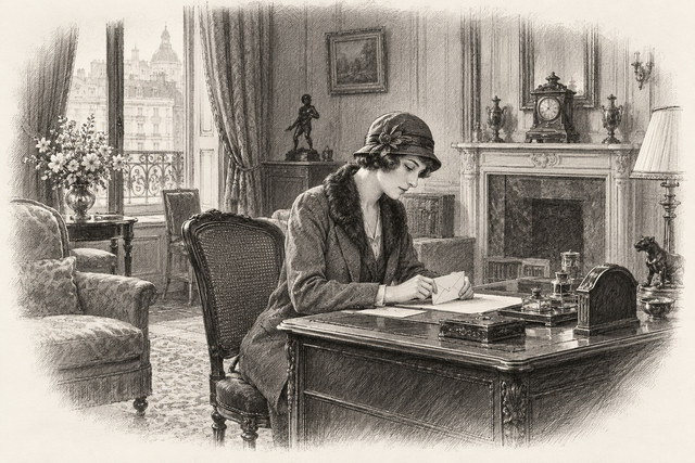 An engraving-style sketch for The Secret Adversary, CHAPTER XI. JULIUS TELLS A STORY.
