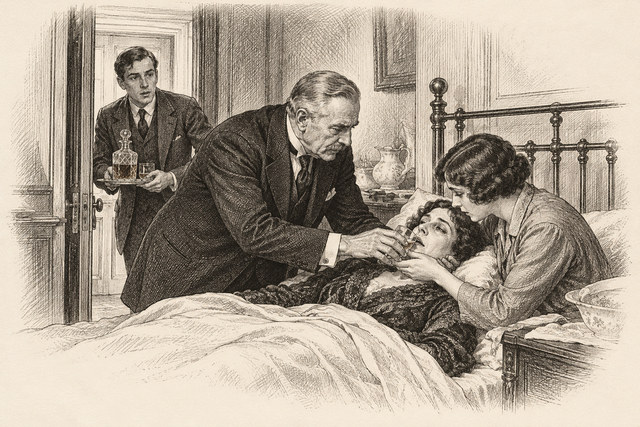 An engraving-style sketch for The Secret Adversary, CHAPTER XIII. THE VIGIL.