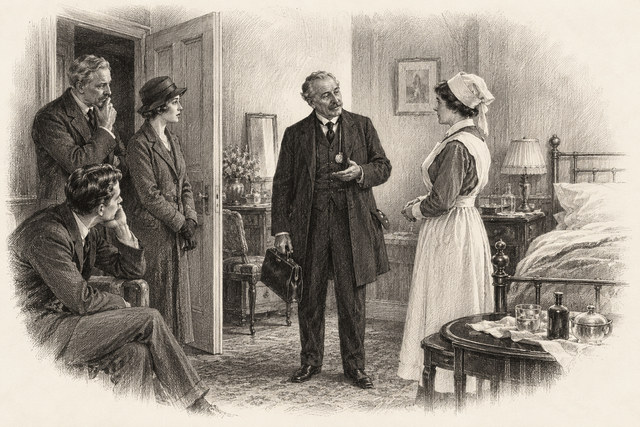 An engraving-style sketch for The Secret Adversary, CHAPTER XIV. A CONSULTATION.