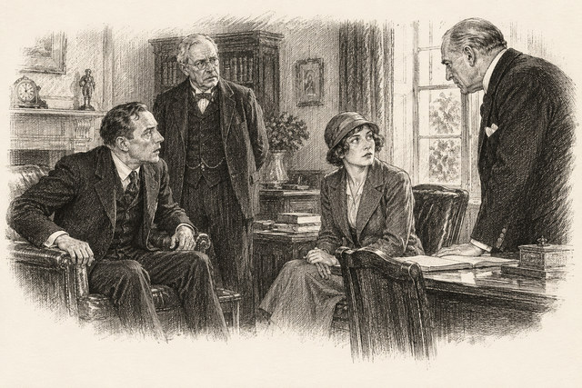 An engraving-style sketch for The Secret Adversary, CHAPTER XV. TUPPENCE RECEIVES A PROPOSAL.