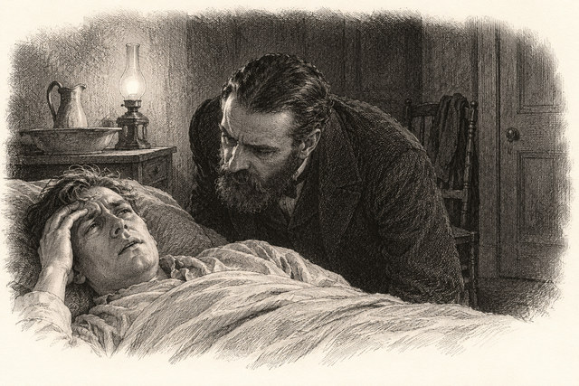 An engraving-style sketch for The Secret Adversary, CHAPTER XVI. FURTHER ADVENTURES OF TOMMY.