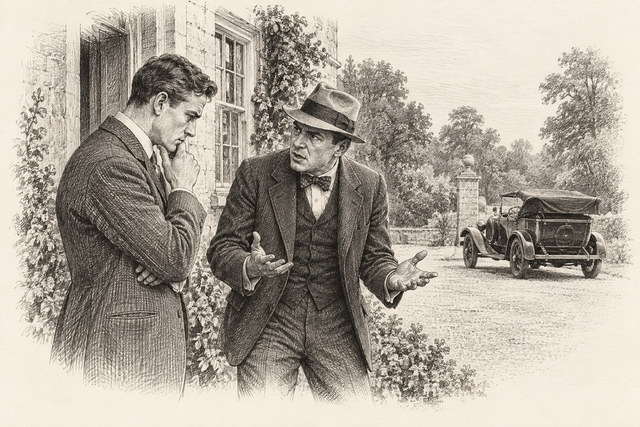 An engraving-style sketch for The Secret Adversary, CHAPTER XXI. TOMMY MAKES A DISCOVERY.