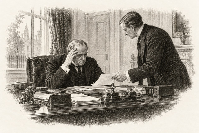 An engraving-style sketch for The Secret Adversary, CHAPTER XXII. IN DOWNING STREET.