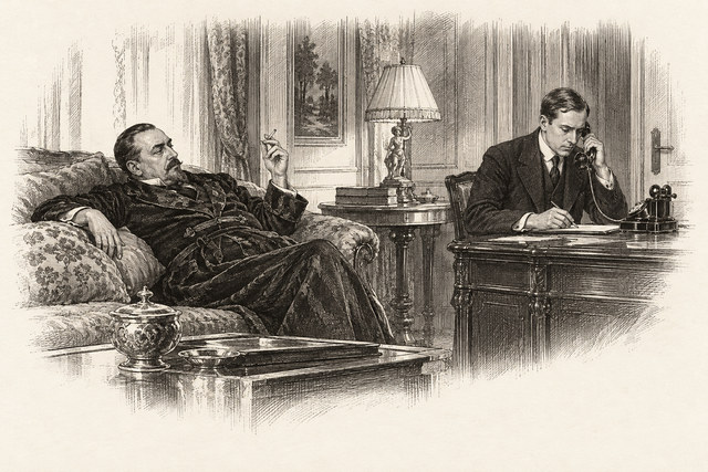 An engraving-style sketch for The Secret Adversary, CHAPTER XXIV. JULIUS TAKES A HAND.