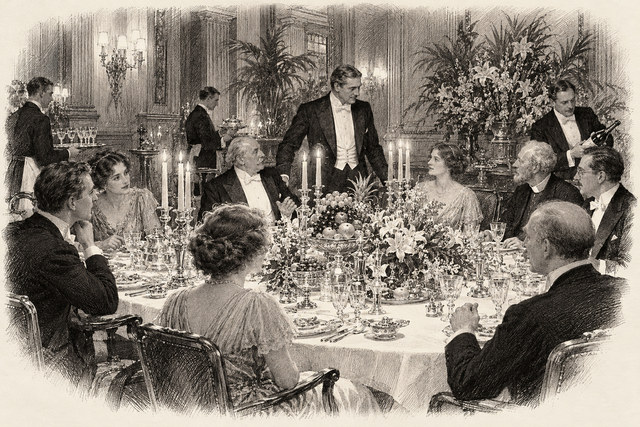 An engraving-style sketch for The Secret Adversary, CHAPTER XXVII. A SUPPER PARTY AT THE SAVOY.