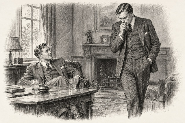 An engraving-style sketch for The Secret of Chimneys, 2 A Lady in Distress.